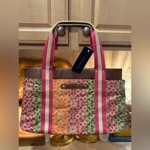 TOMMY HILFIGER Colorful Fabric And Faux Leather Satchel Handbag Shoulder Bag NWT